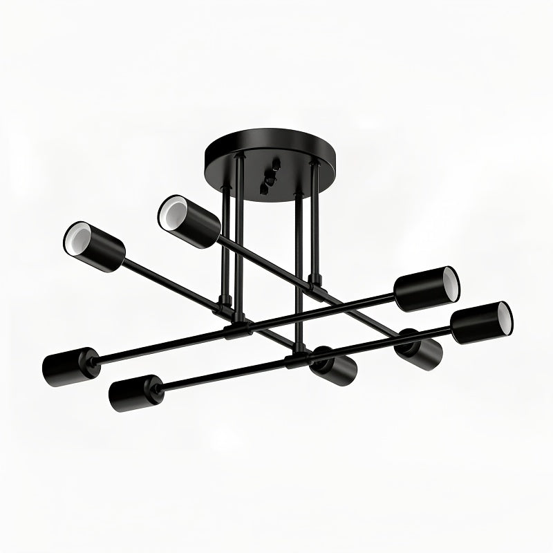 Black Sputnik ceiling light with eight exposed bulb sockets against a plain background.