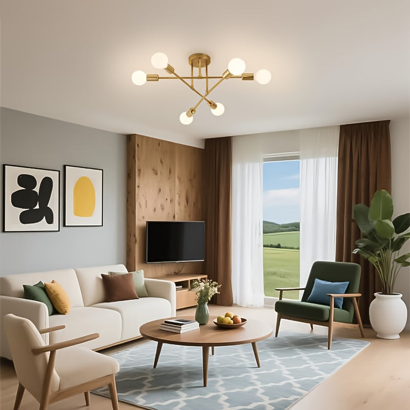 Gold Sputnik ceiling light with six bulbs above a furnished living room.