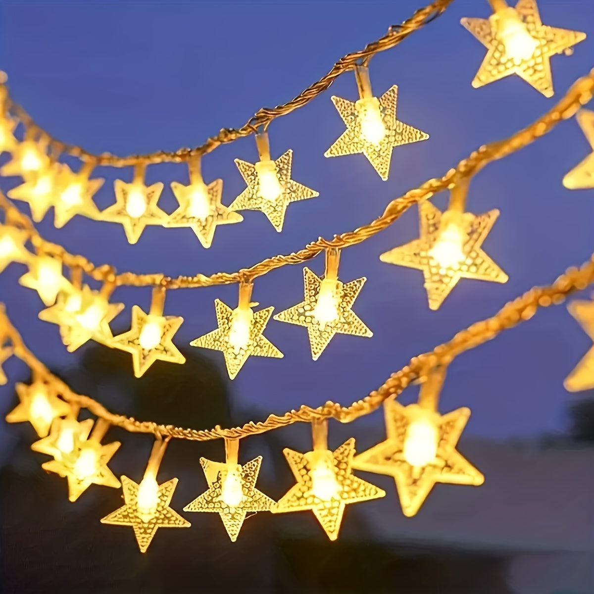 Star fairy lights show textured star covers against a blue background.