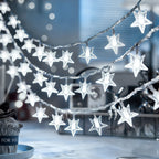 White star fairy lights arranged in hanging strands