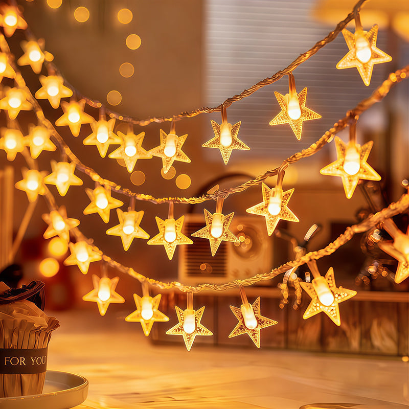 Warm white star fairy lights in a hanging display
