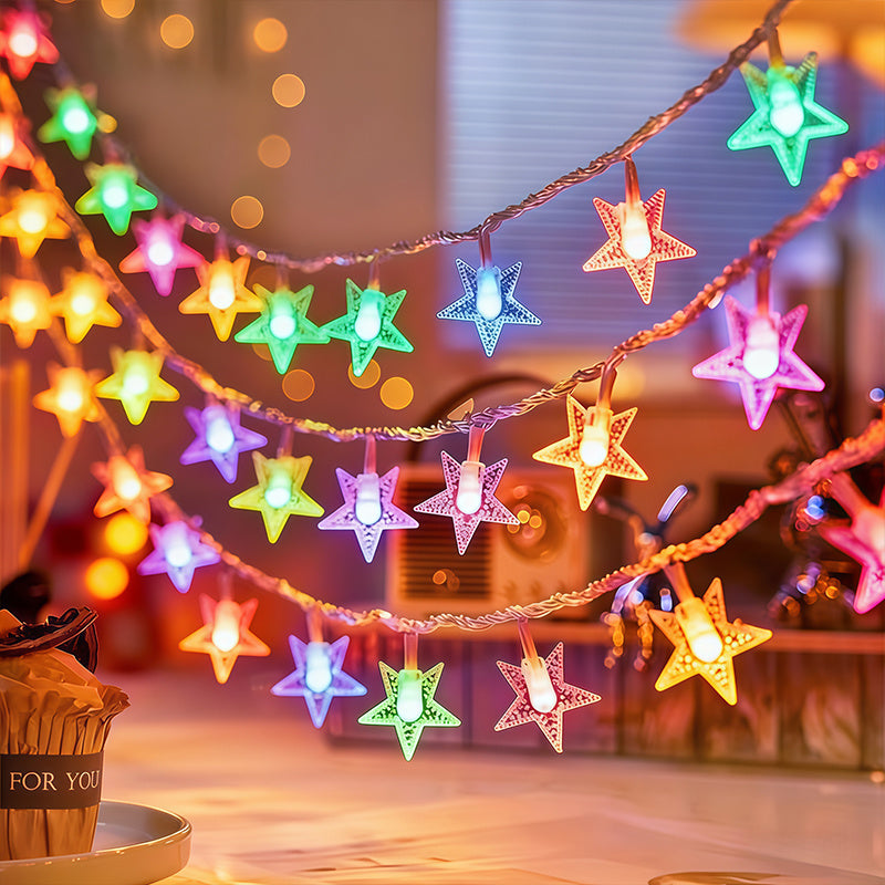 Multicolor star fairy lights in a hanging display