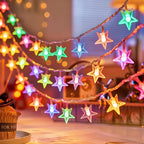 Multicolor star fairy lights in a hanging display