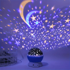 Blue star projector casting colorful moon and star patterns in a room.