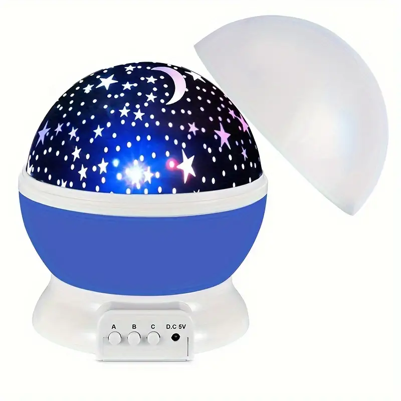 Blue star projector with a removable white dome cover and three buttons on its base.