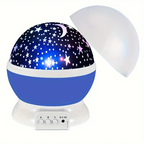 Blue star projector with a removable white dome cover and three buttons on its base.