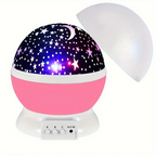 Pink star projector with a removable white dome cover and three buttons on its base.