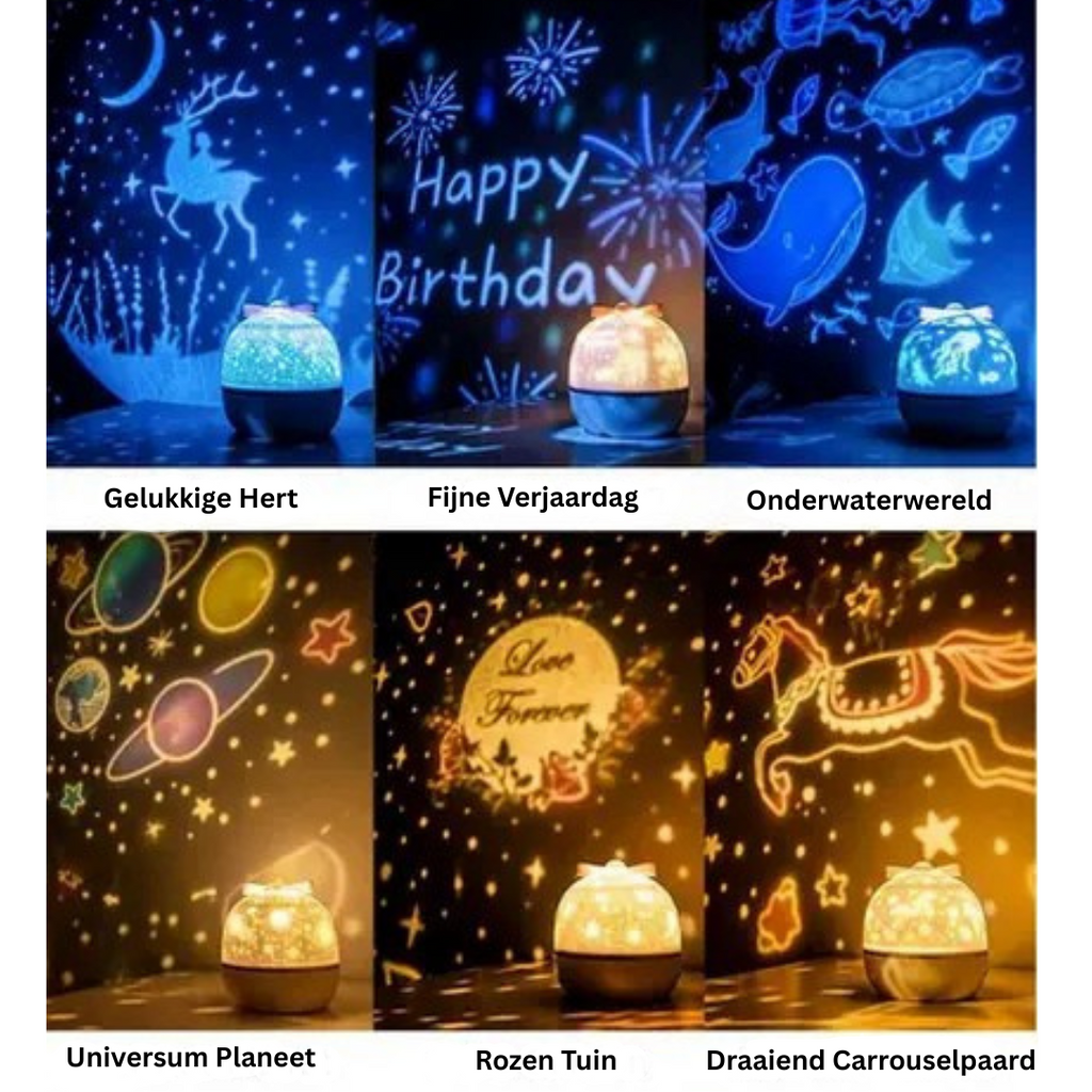 Star projector night light displayed with six illustrated scene examples