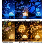 Star projector night light displayed with six illustrated scene examples