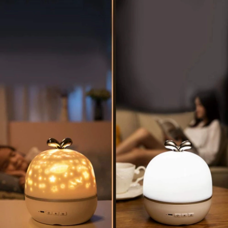 Star projector night light shown in projection and covered lamp modes