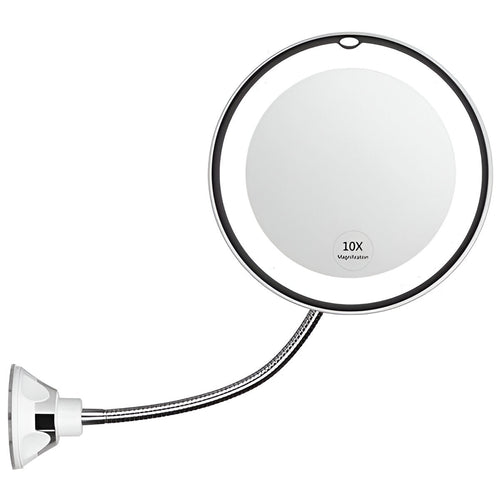 Miroir de maquillage à ventouse | Grossissement 10X, lumière LED, bras réglable, plastique et verre, blanc