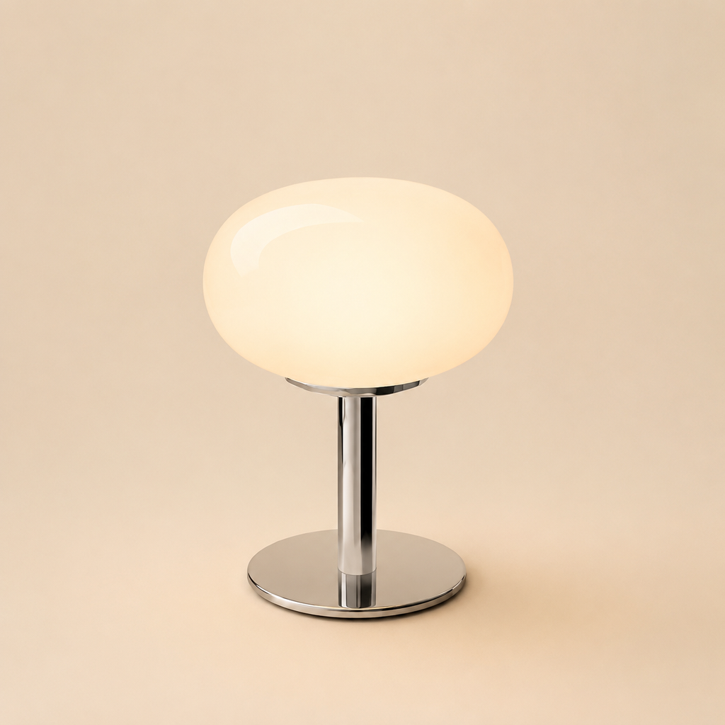 White oval glass table lamp isolated on a warm beige background.