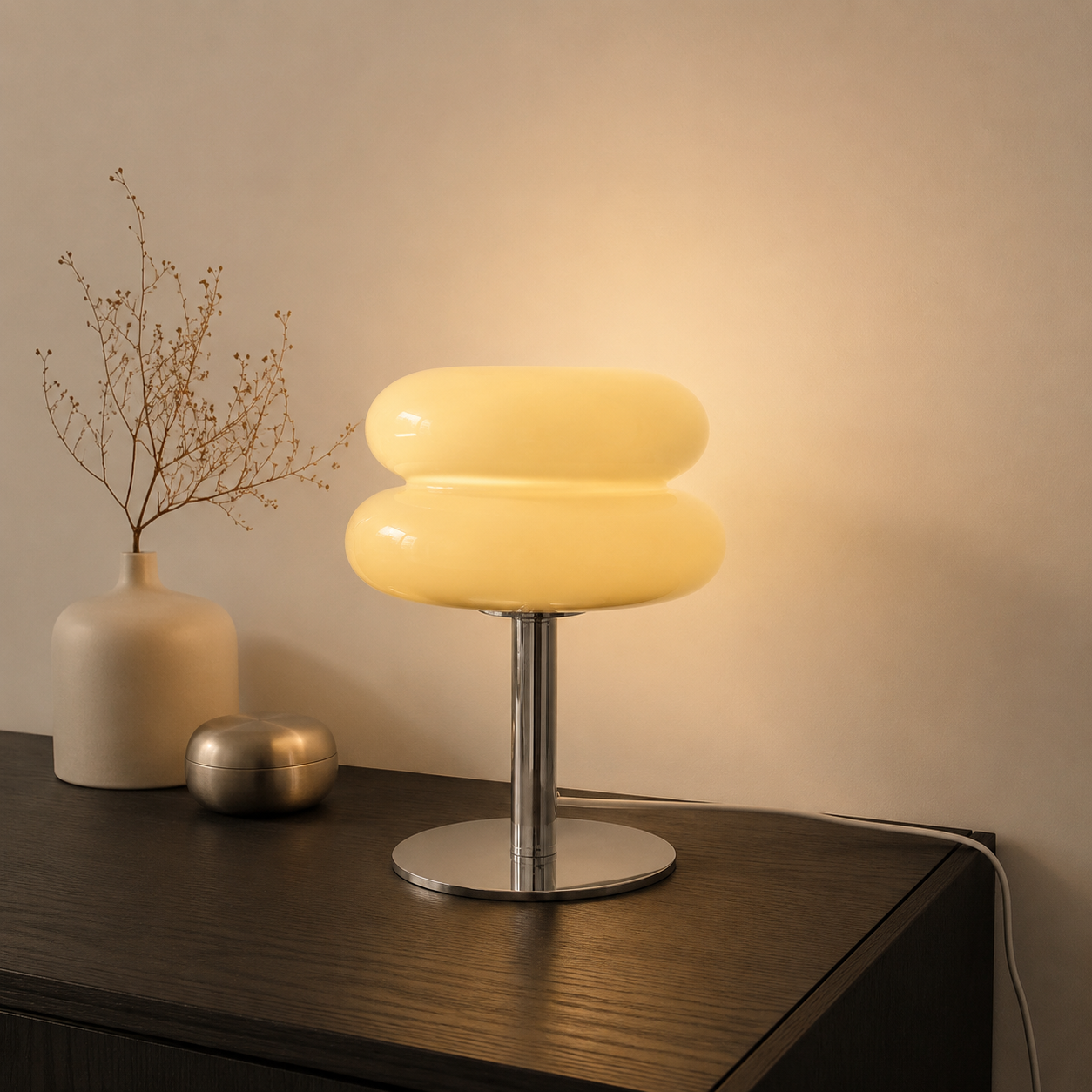 Yellow sculptural glass table lamp glowing on a dark oak console.
