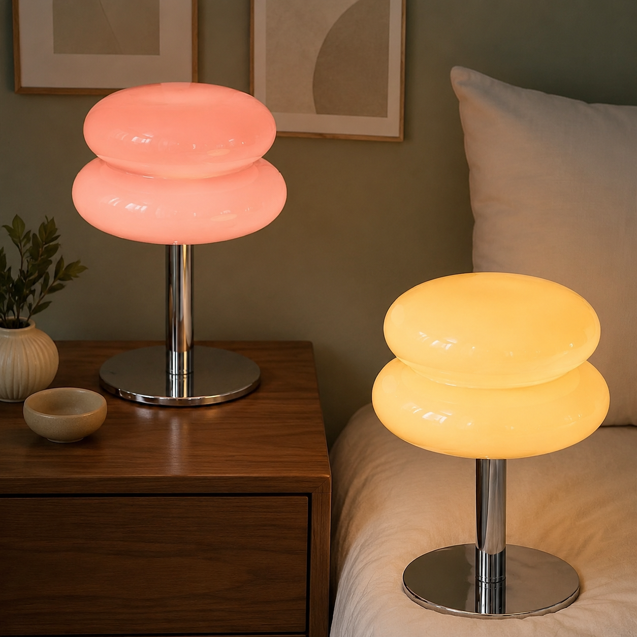 Pink and yellow sculptural glass table lamps glowing in a modern bedroom.