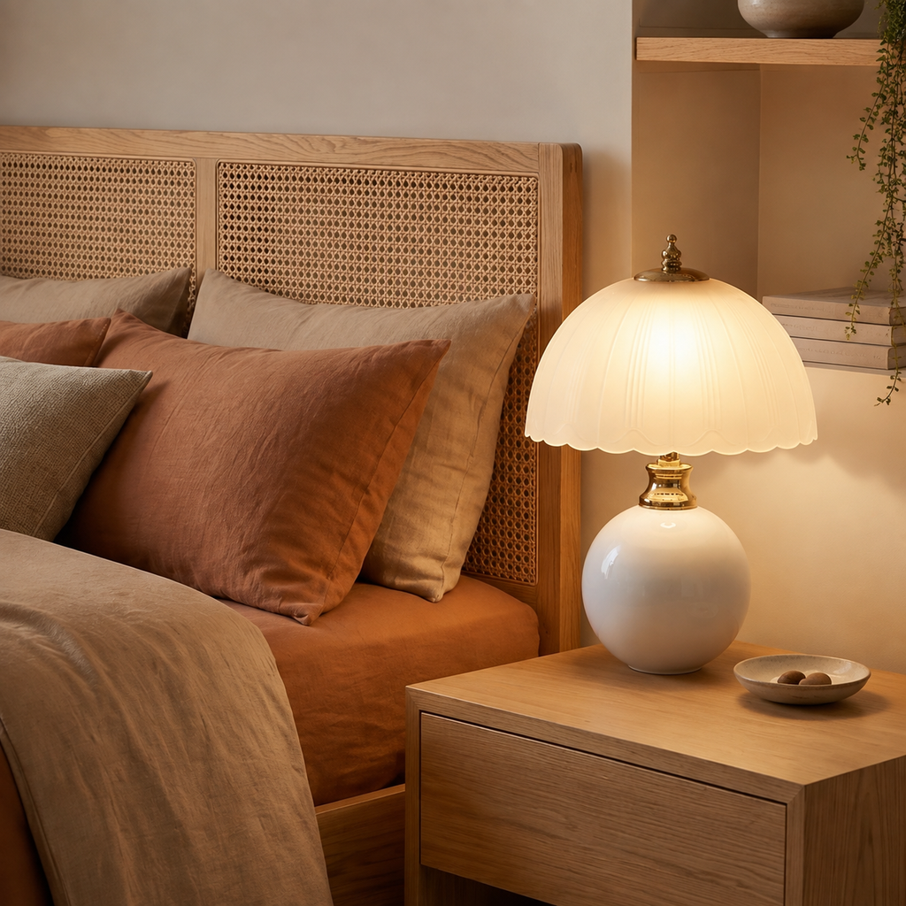 A white half dome table lamp glows beside warm neutral bedding.