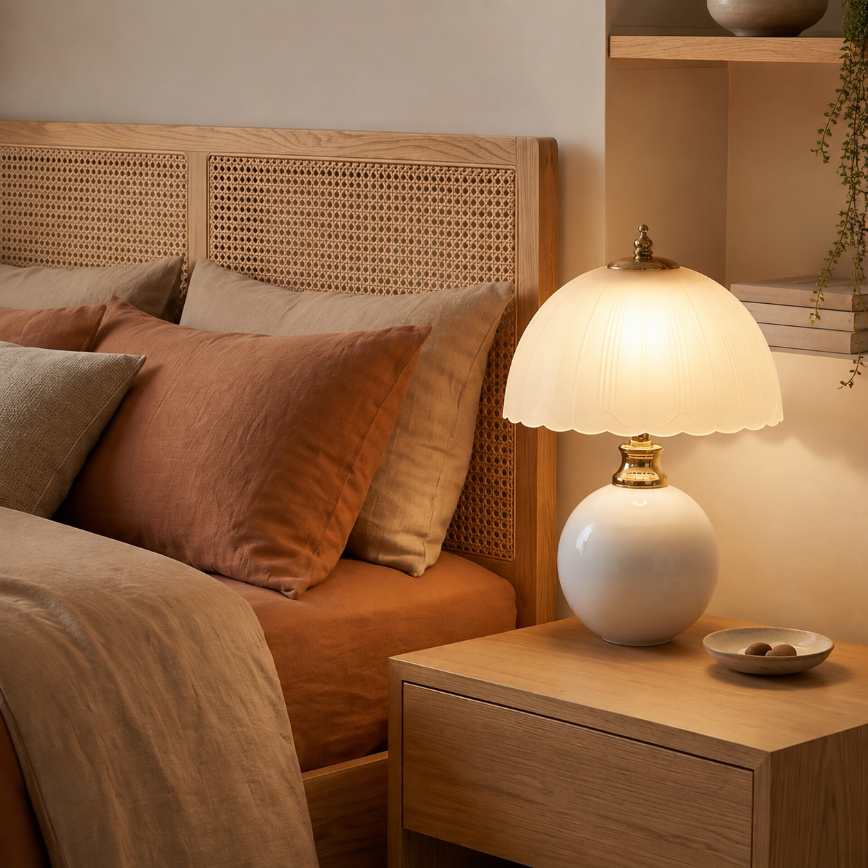 A white half dome table lamp glows beside warm neutral bedding.