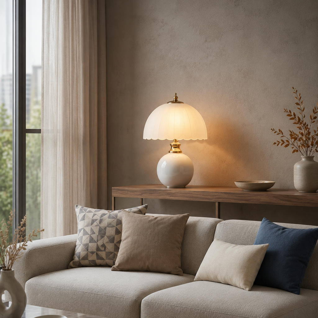 A white half dome table lamp glows on a console behind a neutral sofa.
