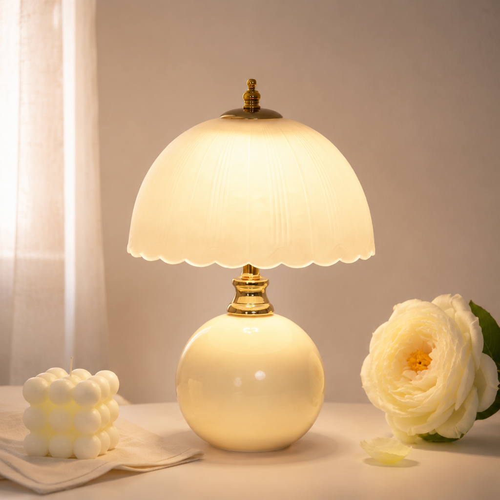 A yellow half dome table lamp glows beside a pale flower.