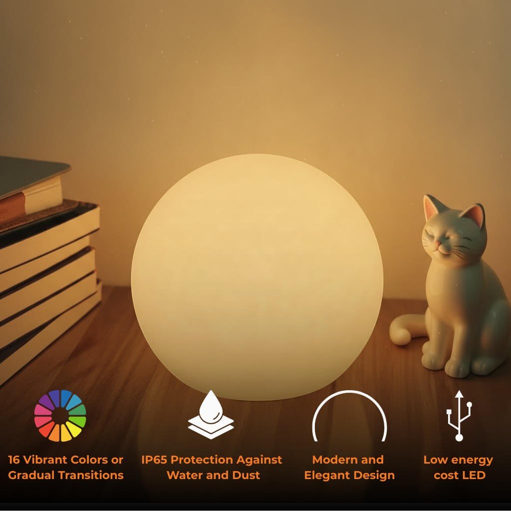 Globe table lamp displayed in a home setting with colored light.