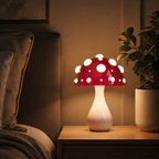 Large red and white Amanita table lamp glowing on a bedside cabinet.