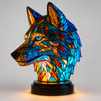 Wolf table lamp with glowing blue, orange, red, and turquoise mosaic-style panels on a black round base.