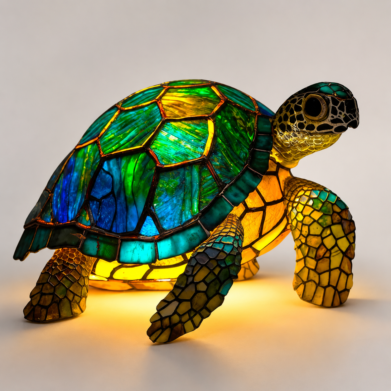 Tortoise table lamp with a glowing green and blue shell and warm yellow mosaic-style details.