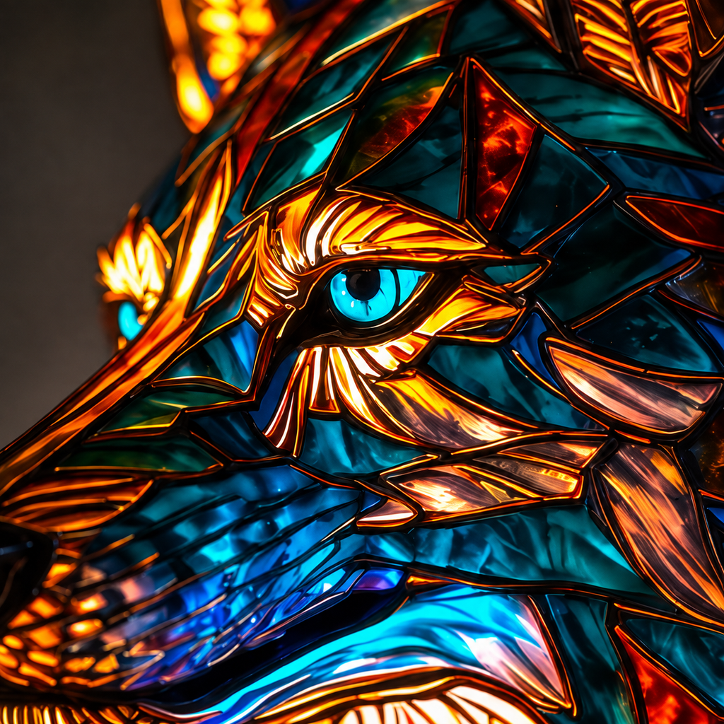 Close-up of a wolf table lamp showing its blue eye and illuminated multicolor mosaic-style facial details.