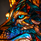 Close-up of a wolf table lamp showing its blue eye and illuminated multicolor mosaic-style facial details.