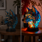 Wolf table lamp shown unlit and glowing in a side-by-side comparison on a tabletop.
