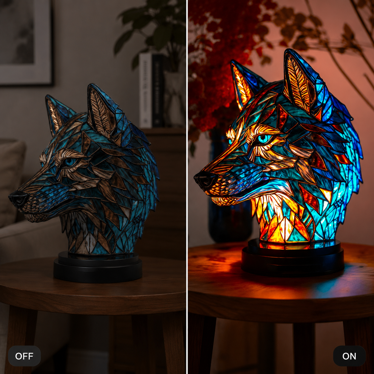 Wolf table lamp shown unlit and glowing in a side-by-side comparison on a tabletop.