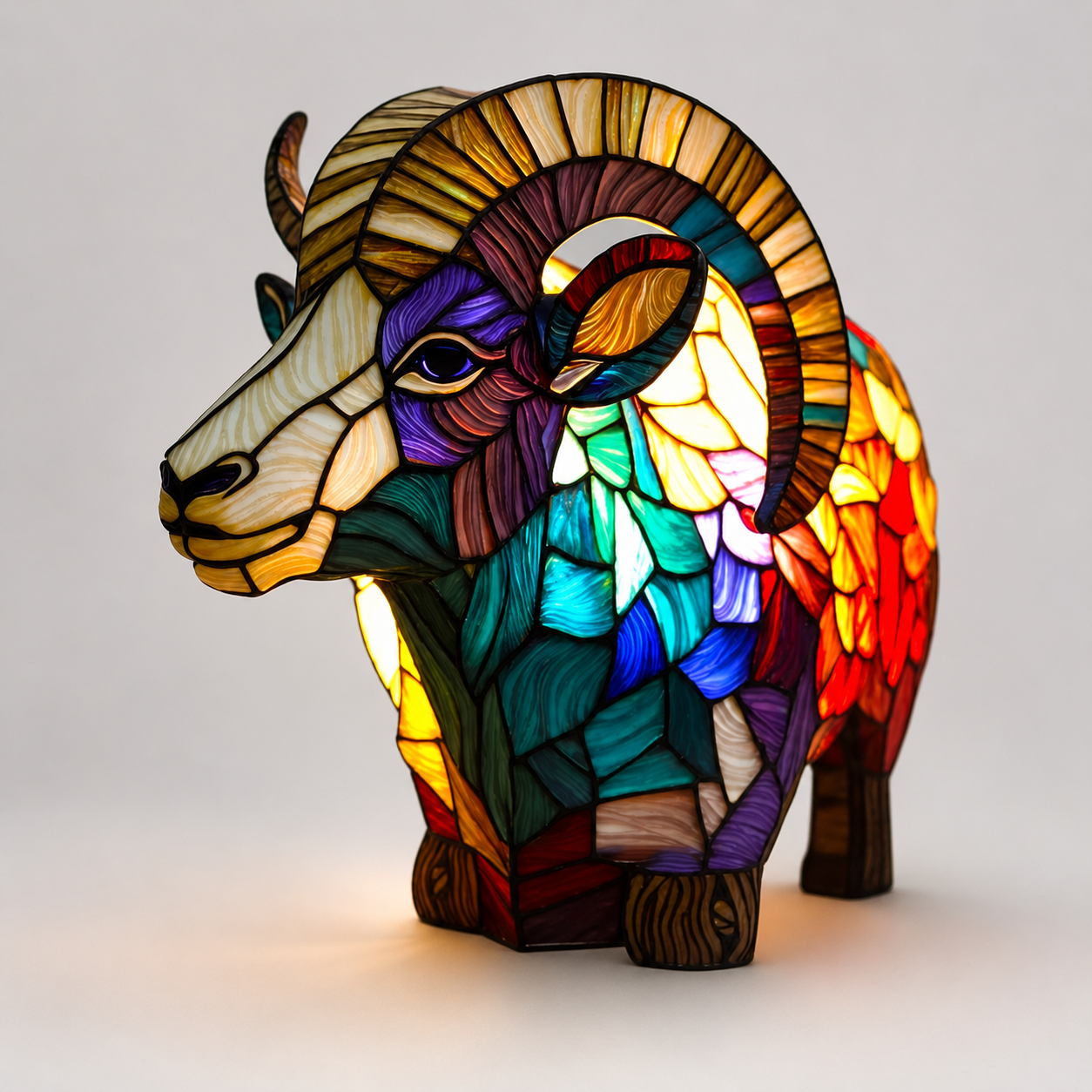 Sheep table lamp with curved horns and illuminated blue, red, yellow, and green mosaic-style panels.