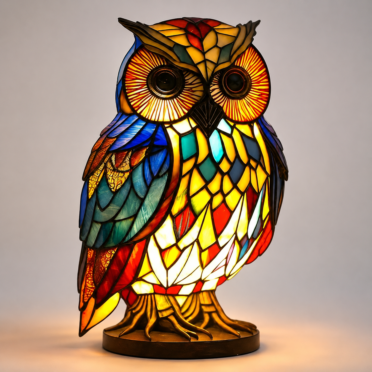 Owl table lamp with wide eyes and illuminated red, blue, yellow, and green mosaic-style panels.