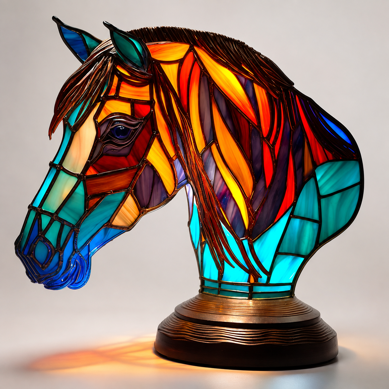 Horse table lamp with an angular head and glowing orange, blue, red, and turquoise mosaic-style panels.