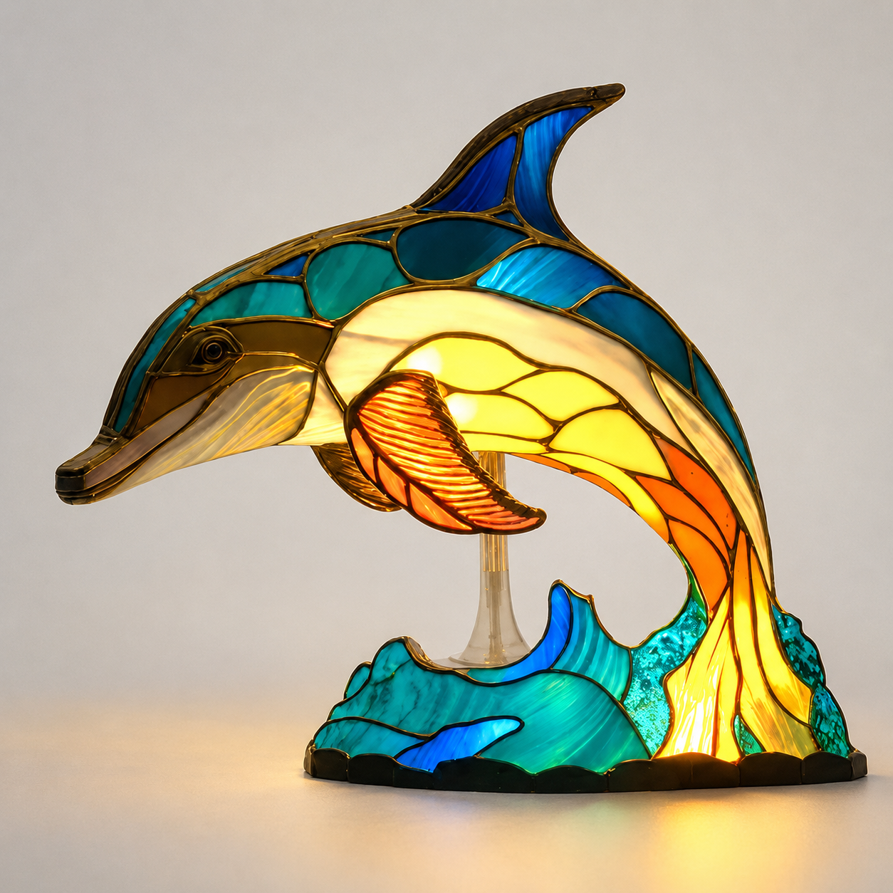 Dolphin table lamp with a curved body and illuminated blue, yellow, orange, and turquoise panels.