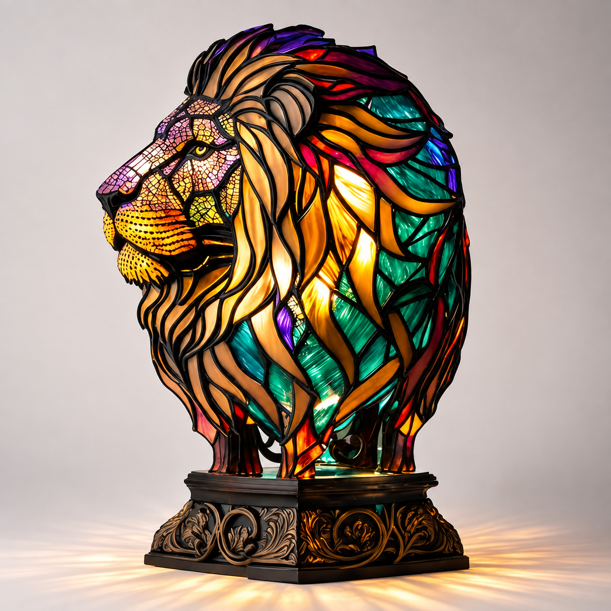 Lion table lamp with a detailed mane and glowing orange, green, blue, and yellow mosaic-style panels.