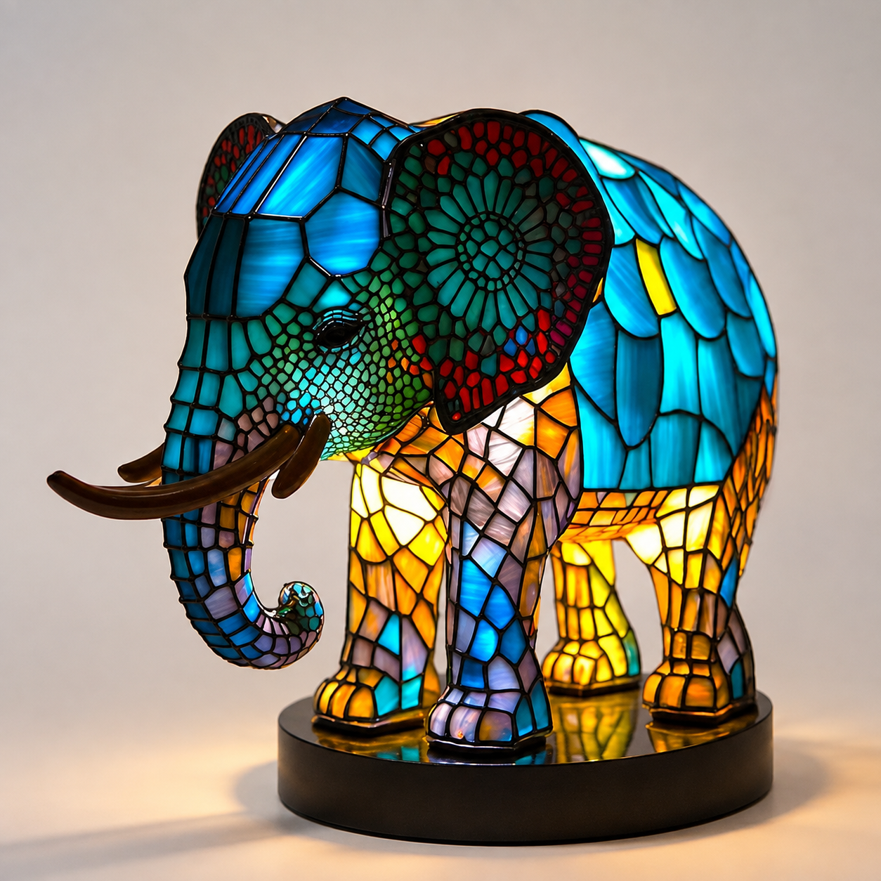 Elephant table lamp with a raised trunk and illuminated blue, yellow, orange, and turquoise panels.