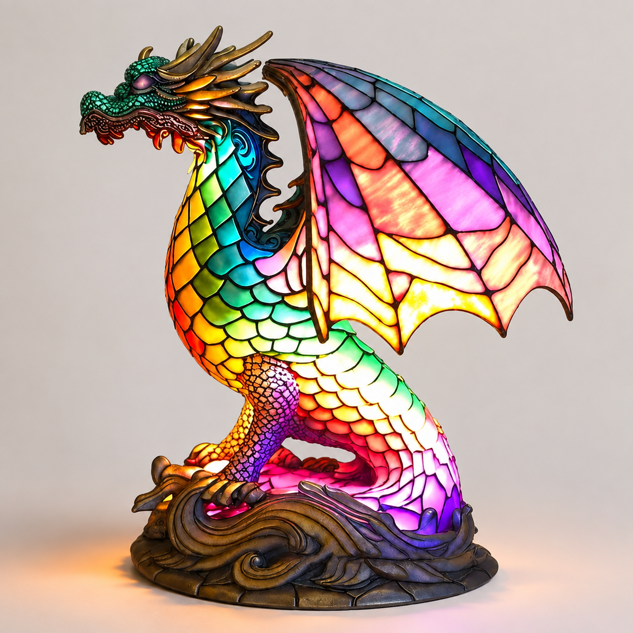 Dragon table lamp with spread wings and glowing pink, blue, yellow, and orange mosaic-style panels.