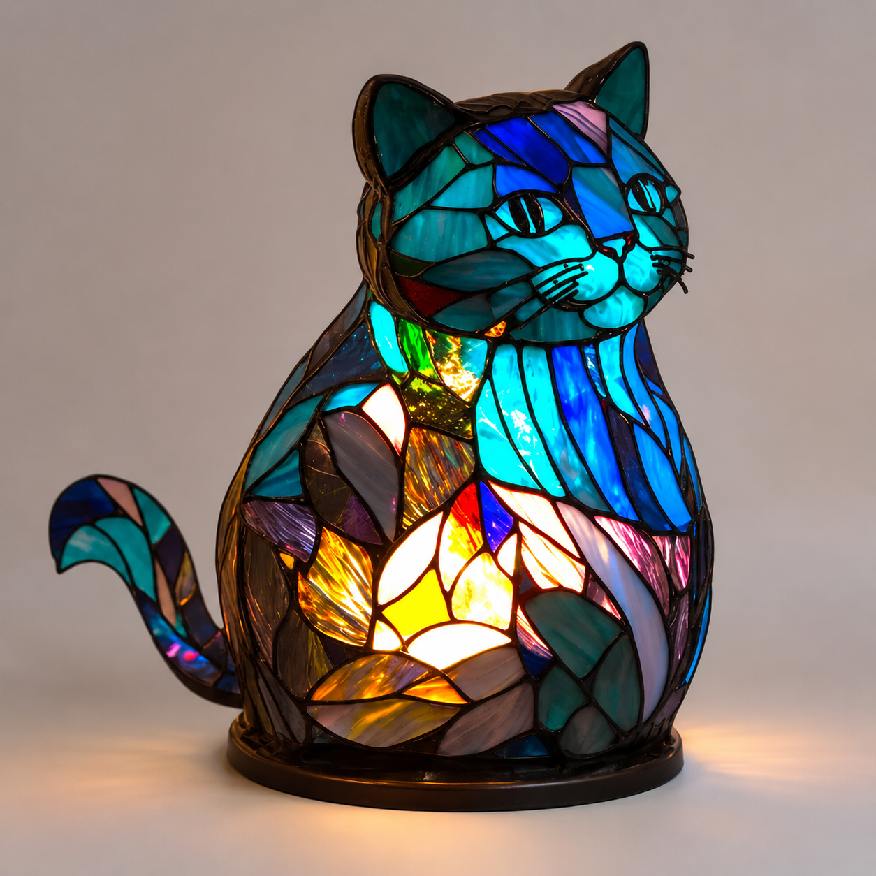 Cat table lamp in a seated pose with illuminated blue, purple, orange, and turquoise mosaic-style panels.