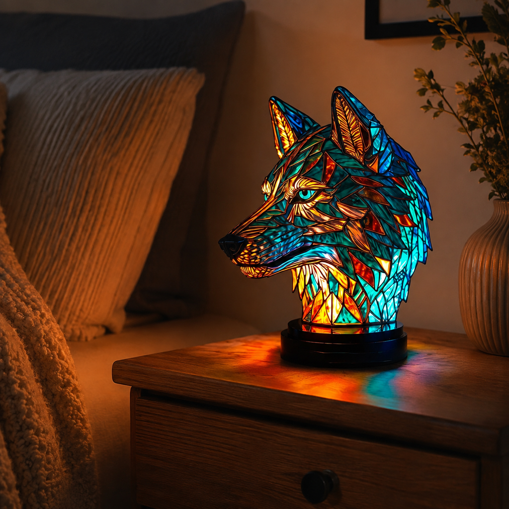 Wolf animal table lamp glowing on a wooden bedside table beside a curtain in a dim room.