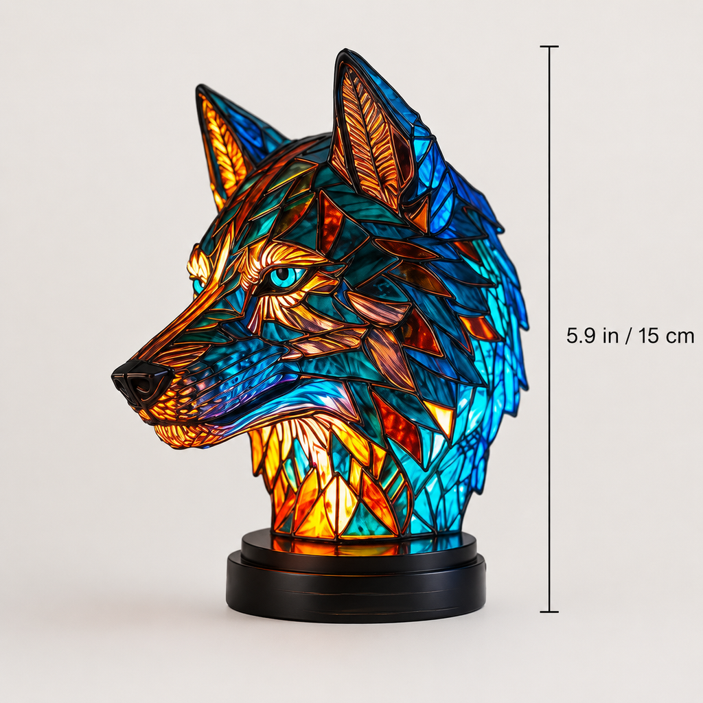 Dimensions graphic showing a wolf animal table lamp with vertical and horizontal measurement lines.