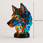 Dimensions graphic showing a wolf animal table lamp with vertical and horizontal measurement lines.