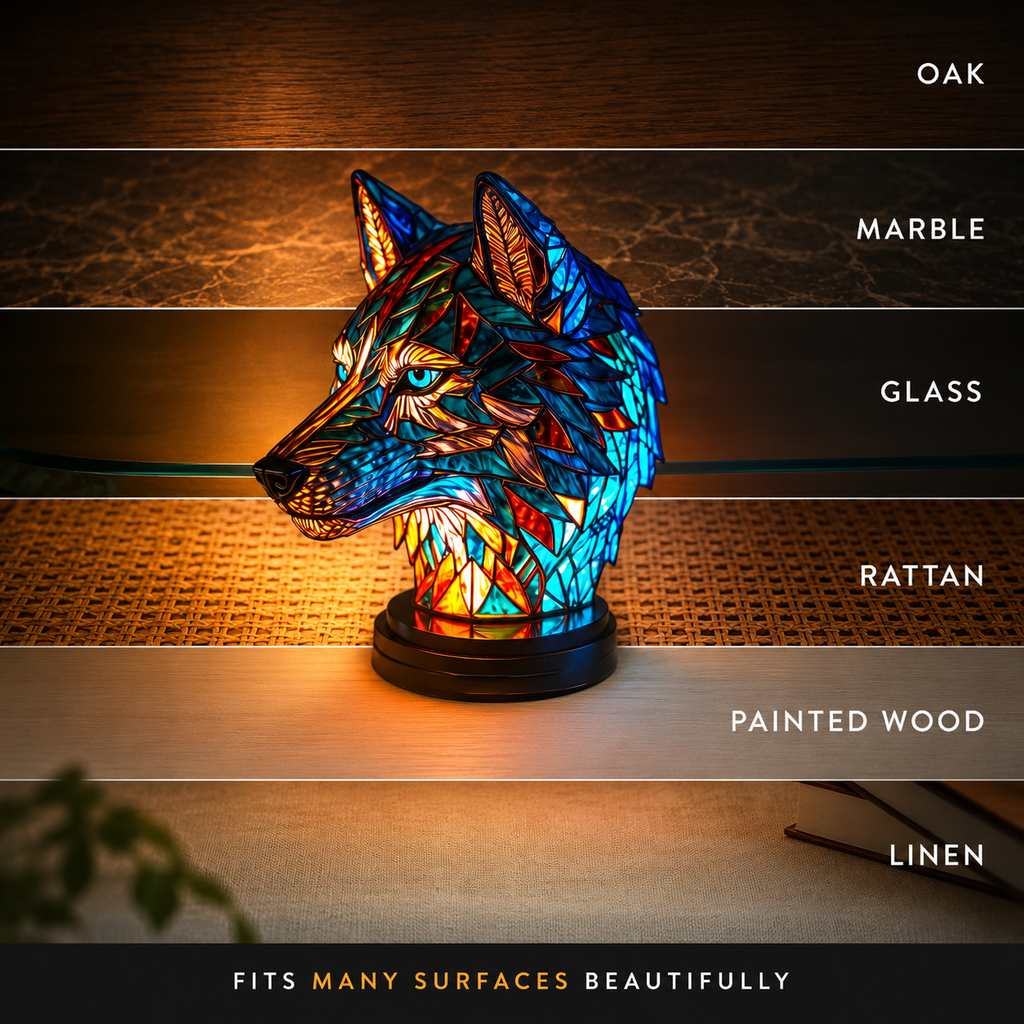 Wolf animal table lamp glowing on a shelf with horizontal light bands and small feature labels.