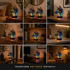 Nine-room grid showing a wolf animal table lamp glowing on shelves and tables in varied interiors.