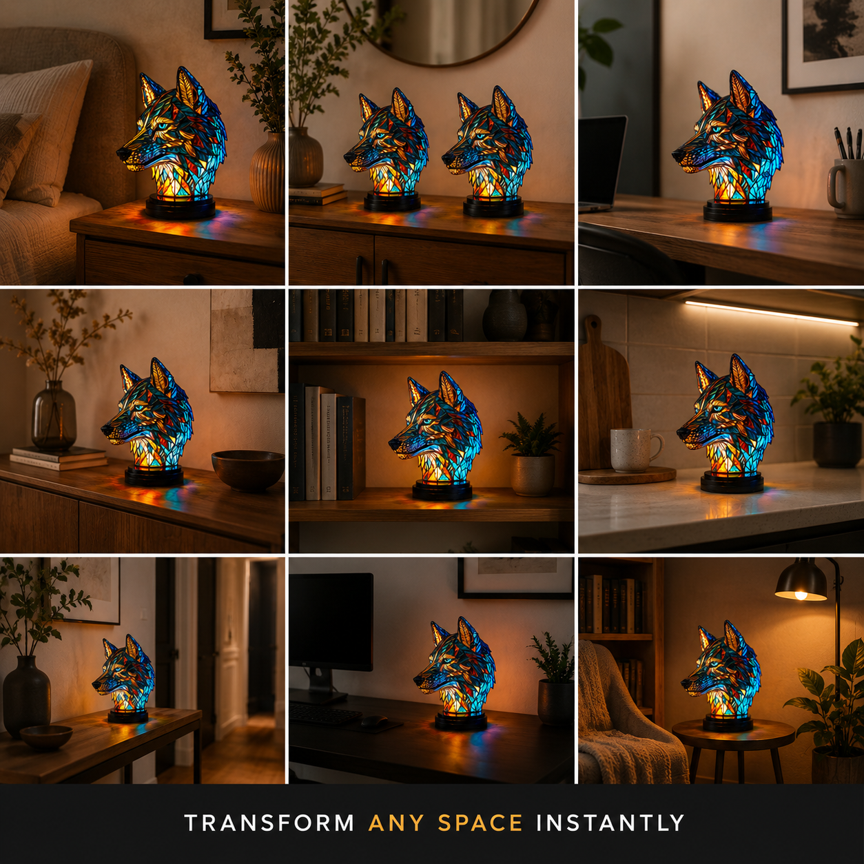 Nine-room grid showing a wolf animal table lamp glowing on shelves and tables in varied interiors.