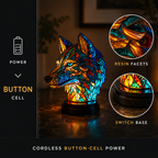 Feature graphic showing a wolf animal table lamp with button and base detail close-ups.