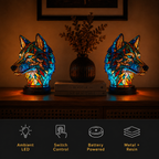 Two wolf animal table lamp pieces glowing on a console table above a row of four small icons.