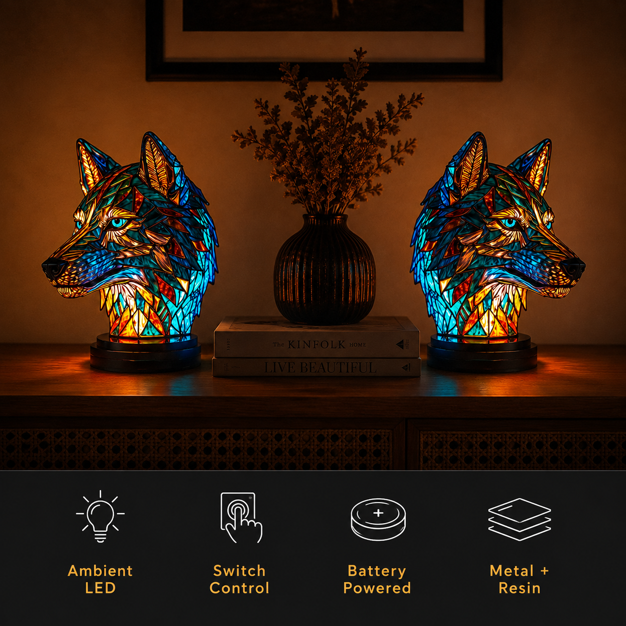 Two wolf animal table lamp pieces glowing on a console table above a row of four small icons.