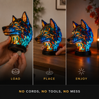 Three-panel graphic showing a wolf animal table lamp held, placed on a table, and glowing.