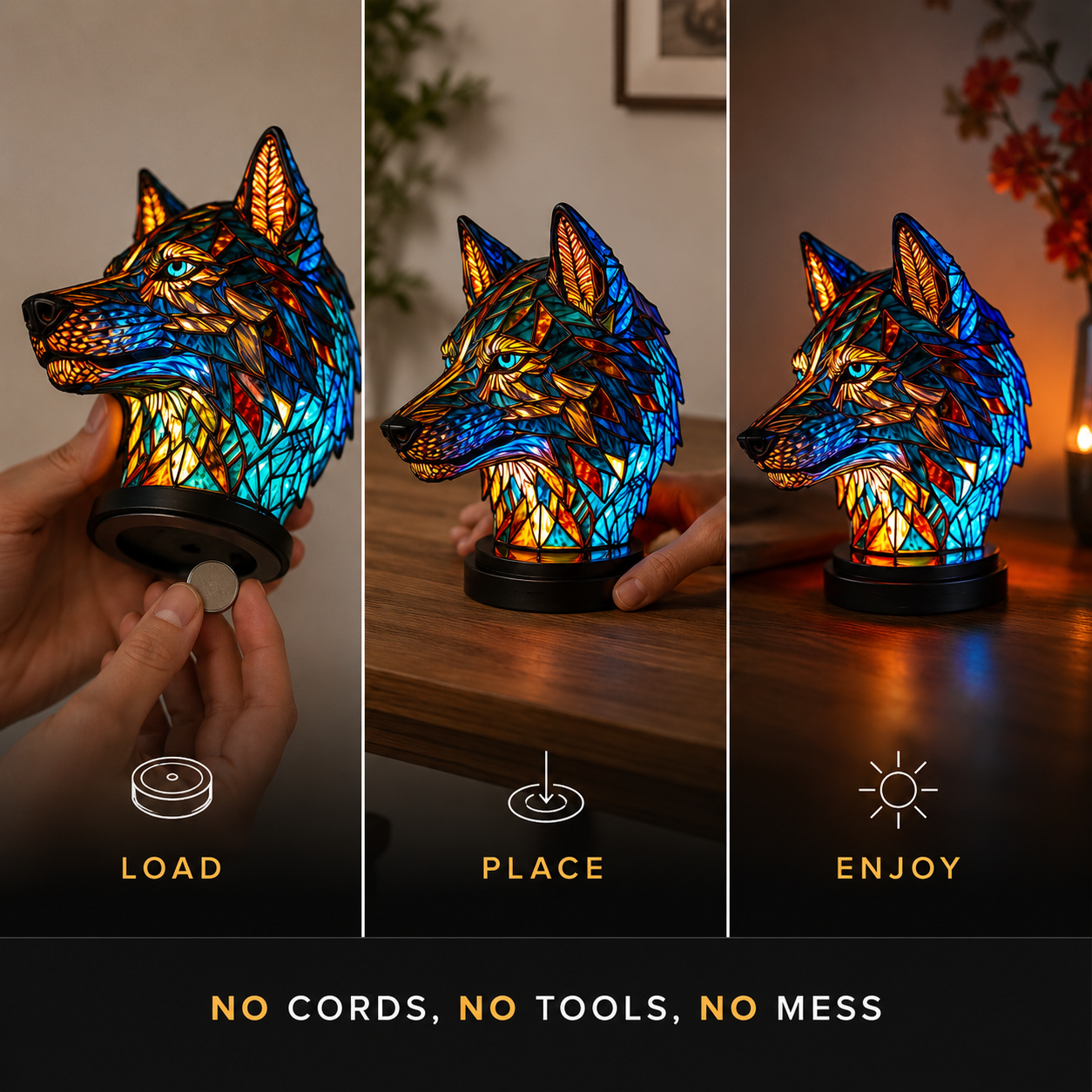 Three-panel graphic showing a wolf animal table lamp held, placed on a table, and glowing.