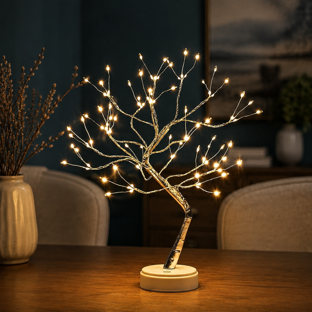 Tree of Light table lamp glowing on a dark console in a teal living room.